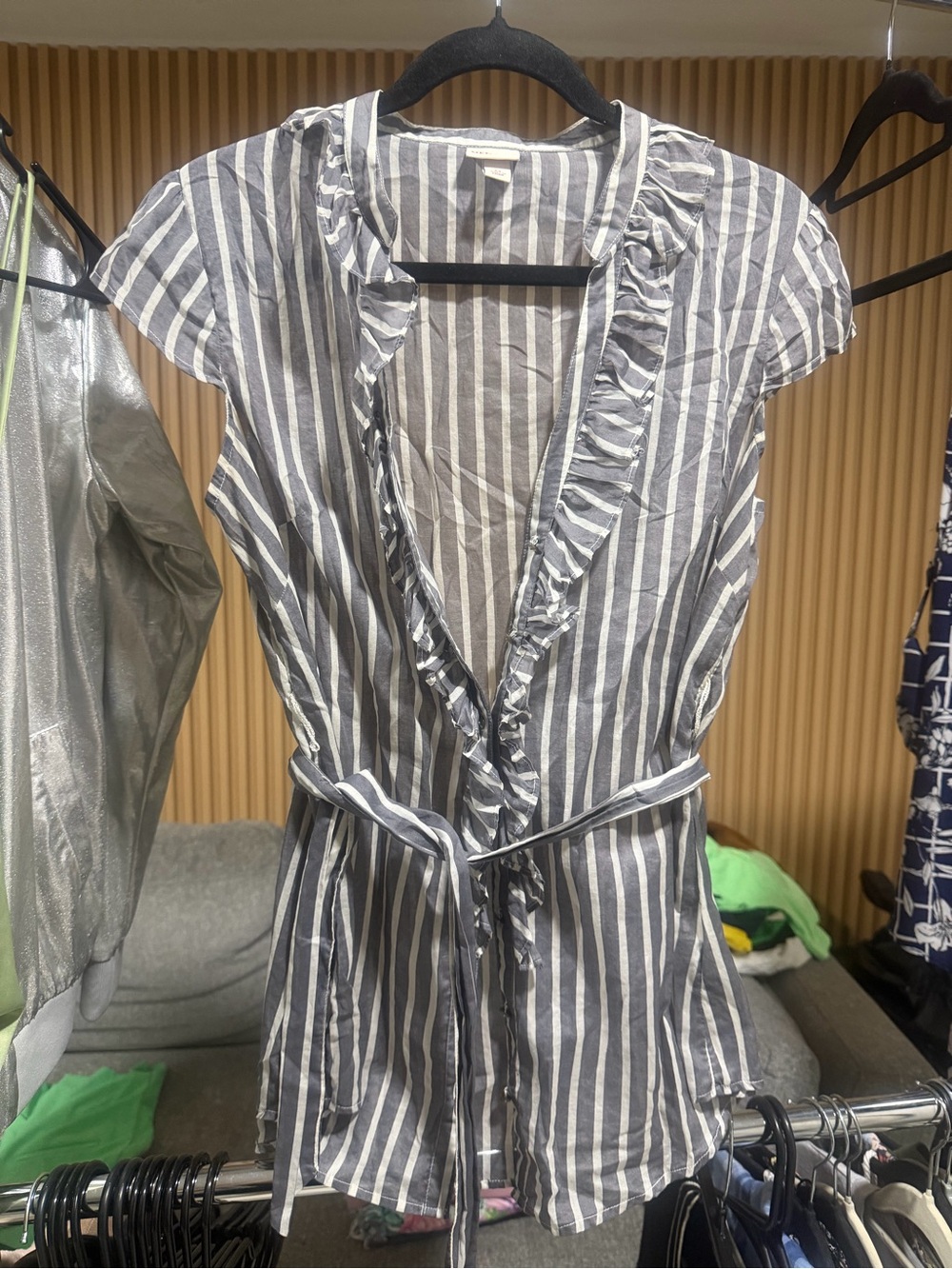 Mero a Striped Ruffle-Trim Wrap Dress in Gray and White M #205